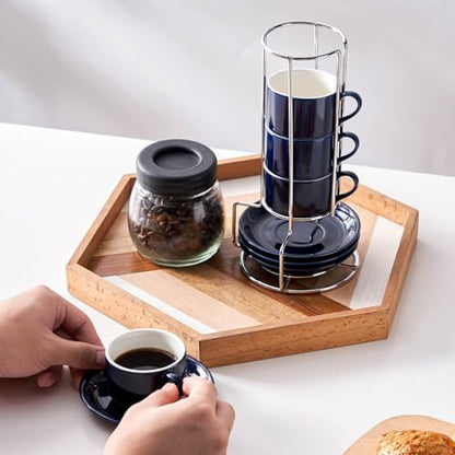 2.5oz Espresso Cups Set of 4, Small Stackable Coffee Cups with Saucers and Metal Stand, Ceramic Demitasse Cups, Cappuccino Cups for Coffee Drinks, Latte, Blue - color: Blue, size: 2.5oz
