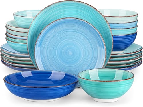 vancasso Bonita Stoneware Dinnerware Sets, 24 Pieces Dishes Set for 6 | Hand-Painted Spiral Dishes for Dinner, Ceramic Kitchen Plates and Bowls Sets-Microwave and Dishwasher Safe (Blue,24 Pcs) - color: Bonita Blue, size: Service for 6 (24 Pcs-new )