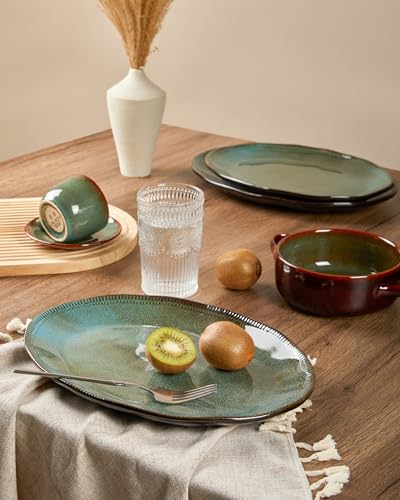 Stoneware Serving Platters, Oval 13.18/11.92 inch Serving Dishes for Entertaining, Ceramic Serving Trays for Party, Fruit, Turkey, Cheese, Trays for Serving Food, Microwave Safe, Brown Green