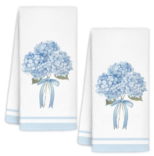 Summer Blue Hydrangea Bow Decorative Hand Kitchen Bathroom Towels Set of 2, Blue Hydrangea Bathroom Decor, Flower Floral Hydrangeas Lovers Gifts for Kids Women, 16x24 Inch - color: Blue and White Bow