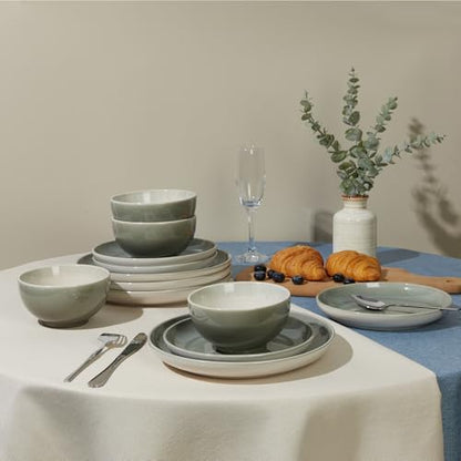 Stoneware Dinnerware Sets, Ceramic Plates and Bowls Set, Microwave & Dishwasher Safe Kitchen Dish Set, Modern Dinner Salad Plates | Cereal Bowls for 4, Dishware Sets Gray Green - color: Gray Green, size: Set (12pcs)