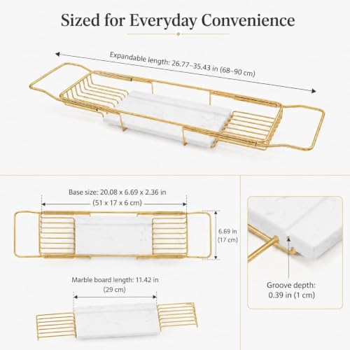 Expandable Stainless Steel Bathtub Caddy Tray with White Marble Board, | Extra Wide Rustproof Shelf, Book Tablet & Wine Glass Stand For Luxury Home Spa(Gold+White) - color: Gold+white