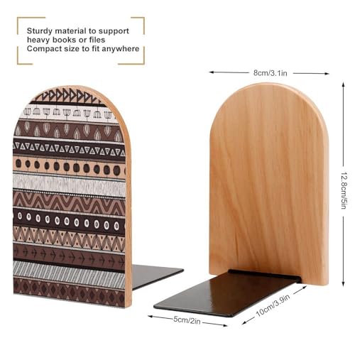 Personalized Wood Book Ends Metal Base Tribal Geometric Stripes Printing Bookend Modern Heavy Duty Bookends for Home Or Office 1 Pair - color: Tribal Geometric Stripes