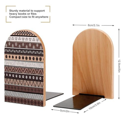 Personalized Wood Book Ends Metal Base Tribal Geometric Stripes Printing Bookend Modern Heavy Duty Bookends for Home Or Office 1 Pair - color: Tribal Geometric Stripes