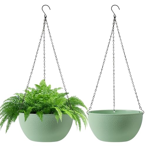 T4U Hanging Planters for Indoor Outdoor Plants, 10 Inch Green 2 Pack | Self-watering flower pots with drainage and chains for vines, ivy, fern and petunia; indoor, porch, patio or garden decor - color: Green, size: 10 In
