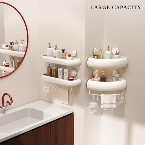 CICUFY Shower Caddy Suction Cup, 2 Pack No Drilling Corner Shower Shelves, Rust Proof Bathroom Storage Organizer, Shower Corner Caddy with Removable Hooks and Towel Bar, Triangle, Cream - style: Triangle Cream (2 Pack )