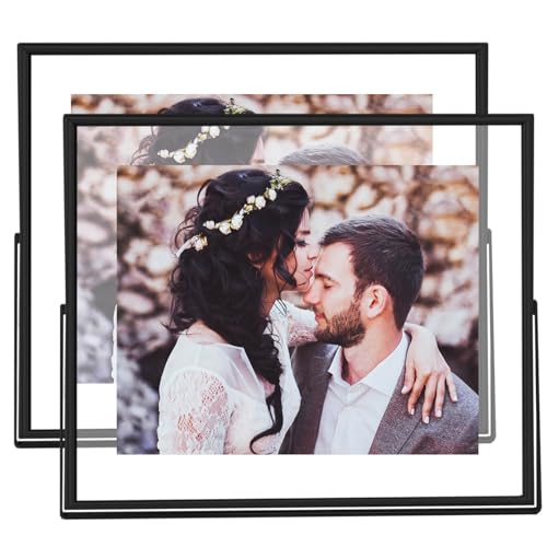 8x10 Floating Picture Frames Set of 2, Made of Metal and Double Real Glass, for Photo Size up to 10x12, Tabletop Display Home or Wedding Decoration (Horizontal Black) - color: Black (Horizontal), size: 10x12 for 8x10 (2 Pcs)