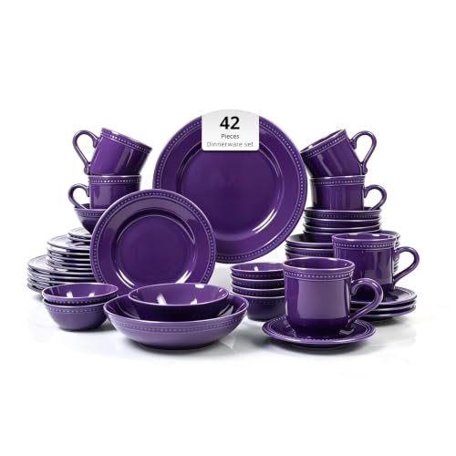 HomeVSS 42-Pc Pearl Dots Stoneware Dinnerware Set, Purple, Service for 6 | plates and bowls sets，dinnerware sets for 6,Pearl Dots Dinnerware，Microwave and Dishwasher Safe - color: Purple, size: 42pc Set