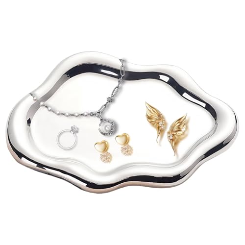 Ceramic Jewelry Dish for Women, Unique Cloud Shaped Trinket Ring Tray, Room Decorative Vanity Tray, Women Gift for Mother's Day, Christmas, Thanksgiving, Birthday, for Plate, Watch, Keys etc(Silver) - color: Silver