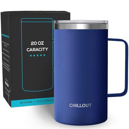 CHILLOUT LIFE Stainless Steel 20 oz Vacuum Insulated Coffee Mug with Handle and Lid, Large Thermal Camping Coffee Mug Cup with Durable Sliding Lid for Men & Women, Keeps your Beverages Hot/Cold - color: Navy Blue, size: 20 Ounces