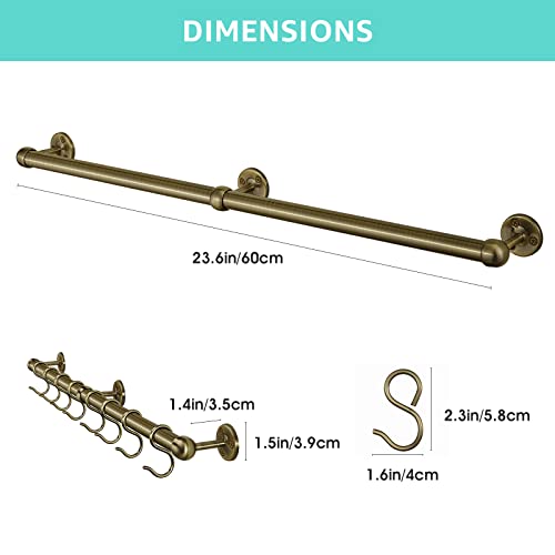 ROTHLEY Stainless Steel Hanging Pot Rack Hanger: 23.7 Inch Pot and Pan Hanger Wall Mounted Hanging Pot Bar Rack Heavy Duty Pot Hangers Kitchen Rail with 8 S Hooks (Antique Brass) - color: Antique Brass, size: 23.7 inch
