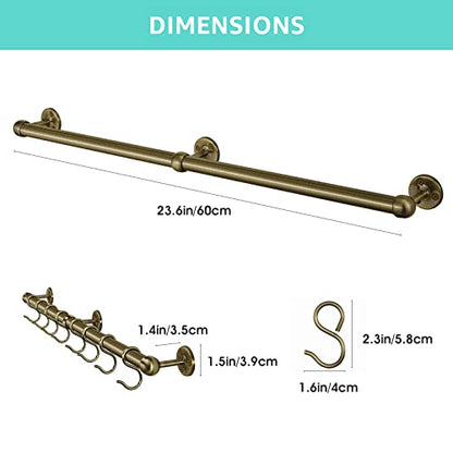 ROTHLEY Stainless Steel Hanging Pot Rack Hanger: 23.7 Inch Pot and Pan Hanger Wall Mounted Hanging Pot Bar Rack Heavy Duty Pot Hangers Kitchen Rail with 8 S Hooks (Antique Brass) - color: Antique Brass, size: 23.7 inch