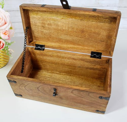 Treasure Chest Wooden Box with Antique Iron Lock and Skeleton Key (Medium 12.5x6x5.5) - Storage and Decor – Pirate Chest, Decorative Storage Chest with Hinged Lid, Wood Treasure Box - size: Medium 12.5 x 6 x 4.5"