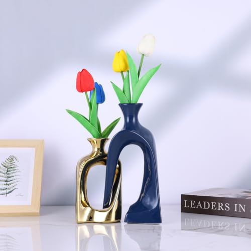 Blue and Gold Ceramic Vases,Pottery Decor Aesthetic Pampas Grass Vase,Midcentury Modern Decor Boho Vase,Unique Donut Vase for Coffee Table Centerpiece,Entry Table Decor (Blue Gold)