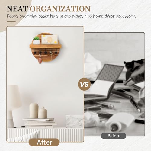 Nekon Key Holder Wall Mount, Key and Mail Organizer for Wall | 9.8 Inch Round Wooden Rustic Wall Organizer for Entryway, Hallway, Kitchen, Office