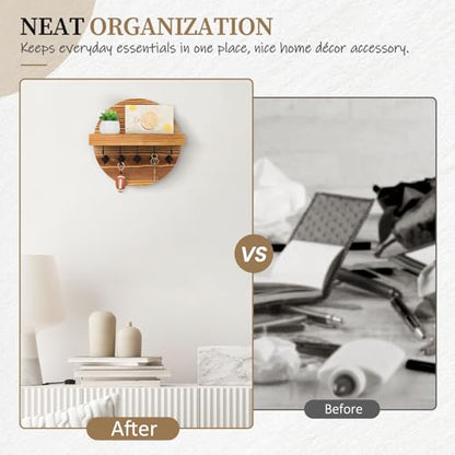Nekon Key Holder Wall Mount, Key and Mail Organizer for Wall | 9.8 Inch Round Wooden Rustic Wall Organizer for Entryway, Hallway, Kitchen, Office