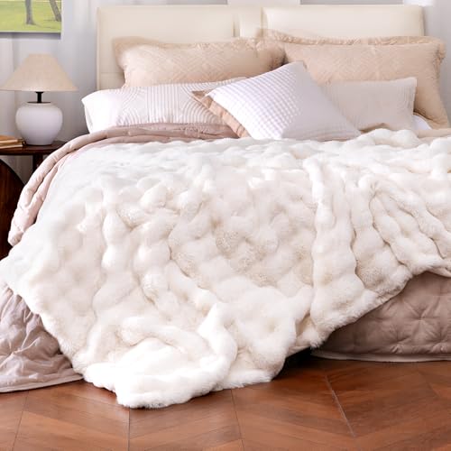 Ultra Soft Cozy Faux Fur Throw Blanket, Fuzzy Plush Thick Bubble Blanket, Oversize Luxury Fluffy Blanket for Couch, Bed, and Living Room, 60x80 Inches, Cream White - color: Cream White, size: Twin
