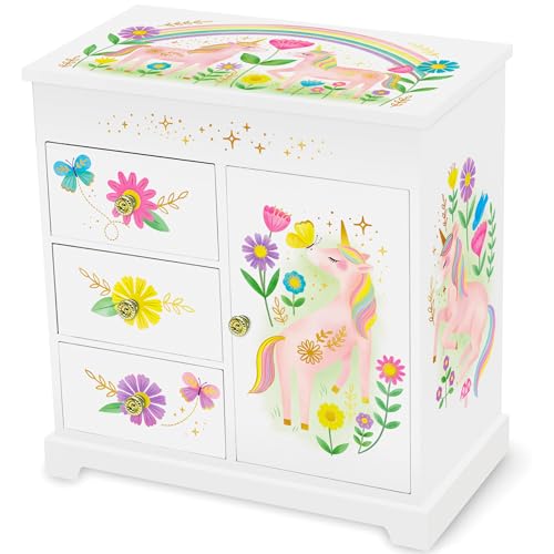 Giggle & Honey® Unicorn Musical Jewelry Box for Girls | Unicorn Toys for Girls Age 4-6 Kids Jewelry Box with Drawers, Toddler Jewelry Box for Little Girls - style: Floral Unicorn