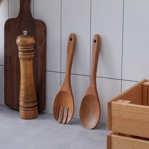 2 pcs Wooden Spoons for Cooking, 10.5 Inch wooden Salad servers of ladle and Fork Set, Acacia Wood Salads Kitchen Serving Utensils Set for Tossing, Mixing and Cooking - color: Acacia Wood