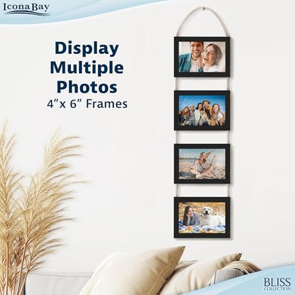 4x6 Wall Hanging Picture Frames Collage with 4 Openings - Basic Black - Casual Style Engineered Wood Frames - Wall Mount Only - Bliss Collection - color: Basic Black, size: 4x6