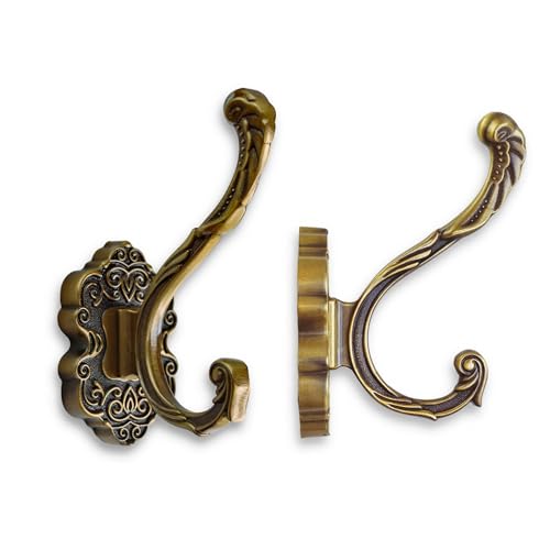 Vintage Brass Coat Hooks Wall Mount 2 Pack, Decorative Heavy Duty Towel & Robe Hooks, Antique Victorian Wall Hook for Bathroom, Entryway, Mudroom, Bedroom, Hats, Keys & Bags - color: Brass