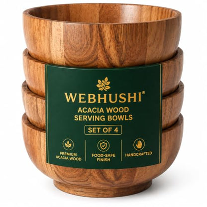 Acacia Wood Round Serving Bowls Set of 4 U Shape with Round Bottom Handmade 4.75 Inch Medium Brown - size: 4 U Shape with Round Bottom Bowls of 4.75-Inch
