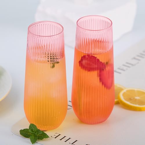 Lueumxc 48 Pack Plastic Ribbed Champagne Flutes, 9 Oz Stemless Disposable Pink Clear Plastic Toasting Glasses Shatterproof Recyclable and BPA-Free Perfect For Wedding