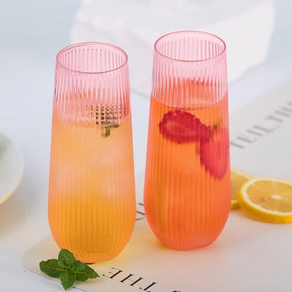 Lueumxc 48 Pack Plastic Ribbed Champagne Flutes, 9 Oz Stemless Disposable Pink Clear Plastic Toasting Glasses Shatterproof Recyclable and BPA-Free Perfect For Wedding