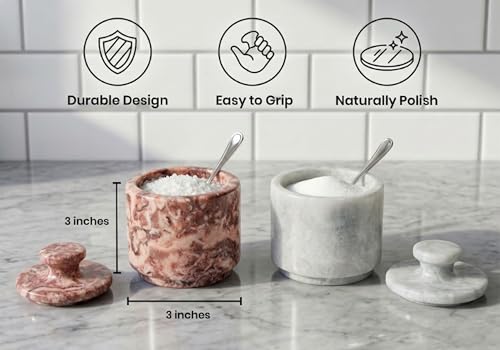 Marble Salt Cellar with Lid - Stone Salt Container for Countertop, Salt Box Keeper for Kitchen Counter, 3.5 oz OceanicX Marble Cellar (White Strawberry Pink) - color: White Strawberry Pink
