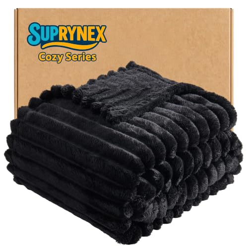 330GSM Ribbed Fleece Throw Blanket for Couch, Black, 50"x60" | Super Soft Plush Flannel Blanket; Lightweight Home Decor; Gift for Her; All-Season Comfort for Couch, Sofa and Travel - color: Black, size: Throw(50"x60")