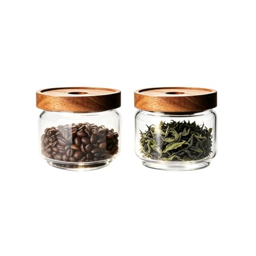 Glass Jars with Airtight Wood Lids - 11 oz Mini Kitchen Pantry Storage Containers, Stackable Decorative Canisters for Chia Seed, Sugar, Tea, Spice, Salt, Matcha, Nuts, Sauce, Cocoa powder, Set of 2 - color: 12 oz (Set of 2)