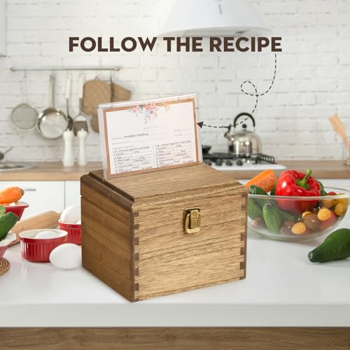 KIRIGEN Wooden Recipe Box with Cards and Dividers, 2 Compartments, Brown | Recipe Card Box Includes About 100 Cards, 100 Protectors, 12 Dividers, Acrylic Shield, Hinged Lid, and Metal Clasp - color: Brown