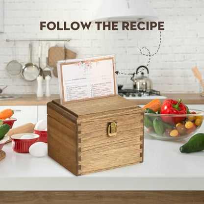 KIRIGEN Wooden Recipe Box with Cards and Dividers, 2 Compartments, Brown | Recipe Card Box Includes About 100 Cards, 100 Protectors, 12 Dividers, Acrylic Shield, Hinged Lid, and Metal Clasp - color: Brown