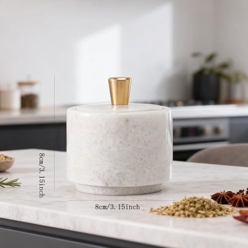 Marble Salt Cellar with Lid and Brass Knob 3.15" Spice box Salt Container Seasoning Jar for Kitchen tone Salt Holder for Counte-Ideal for Sea Salt, Spices and Herbs (White) - color: White