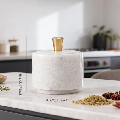 Marble Salt Cellar with Lid and Brass Knob 3.15" Spice box Salt Container Seasoning Jar for Kitchen tone Salt Holder for Counte-Ideal for Sea Salt, Spices and Herbs (White) - color: White