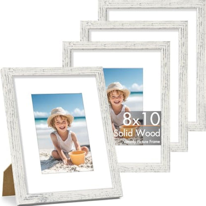Vittanly Solid Wood 8x10 Picture Frames Set of 4, Distressed White | 5x7 Picture Frame with Mat, Gallery Wall Frame Set, 8 x 10 Frame for Wall & Tabletop Display, Family, Pet, Christmas - color: Distressed White, size: 8x10