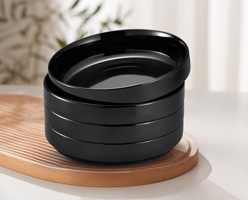 KooK Pasta Bowl, Bowl Plate, Low Bowl, Plate Bowls, Ceramic Large Shallow Bowls, Microwave and Dishwasher Safe, Great for Soups and Salads, Glossy Porcelain, 47 oz, Set of 4, Black - color: Black