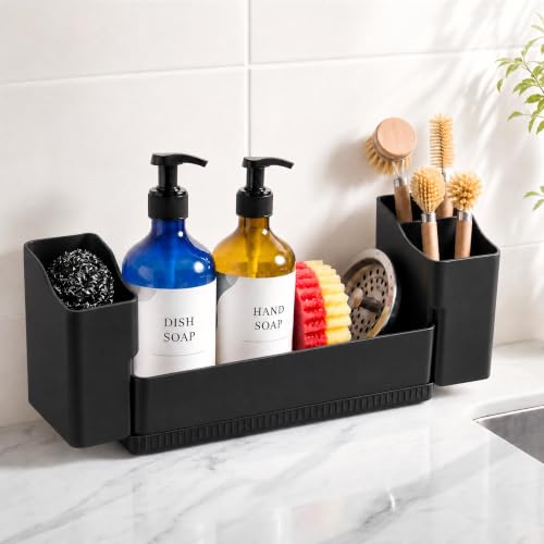 Sponge Holder for Kitchen Sink with Drying Stone, Black | Kitchen Caddy Sink Organizer, 2 Removable Cups, Premium ABS, Anti-Slip, 12.7" Sponge and Soap Holder for Kitchen Counter - color: Black