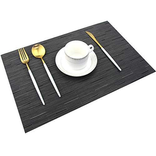 Placemats for Dining Table Washable Woven Vinyl Placemats Heat-resistand Table Dinner Placemats Set of 6 (Black) - color: Babmoo Black, size: placemats set of 6