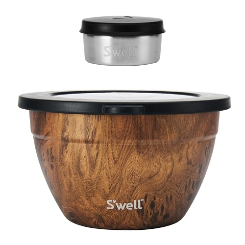 S’well Stainless Steel Salad Bowl Kit, Teakwood Finish, Includes 2oz Condiment Container and Removable Tray, Leak-Proof and Easy to Clean, Dishwasher Safe, 64oz (Pack of 8) - color: Teakwood, size: 64oz (Pack of 8)