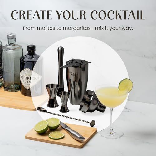 Mixology & Craft Rustic Cocktail Shaker Set – Includes Wood Stand, Complete Barware Kit with 24 Oz Shaker, Dual Jiggers, Pourers, Muddler, Strainer – Perfect for Home Bartenders (Gun-Metal Black) - color: Gun-metal Black