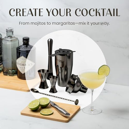 Mixology & Craft Rustic Cocktail Shaker Set – Includes Wood Stand, Complete Barware Kit with 24 Oz Shaker, Dual Jiggers, Pourers, Muddler, Strainer – Perfect for Home Bartenders (Gun-Metal Black) - color: Gun-metal Black
