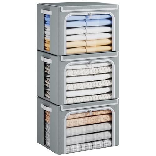 Yecaye Clothes Storage Bins with Metal Frame, Foldable Organizer Box, 40L | Stackable Zippered, With Lid, Clear Window＆ PU Leather Handles - color: Grey, size: Medium(3 Pack)