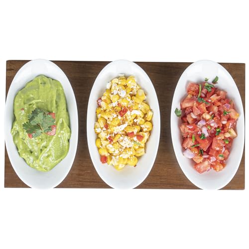 Restaurantware-9 Ounce Bowl Set with Tray - 1 Dishwashable Serving Set, Includes 3 Porcelain Bowls And 1 Bamboo Tray, Durable, White Porcelain And Bamboo Bowl And Platter Kit, Reusable, Freezable - size: Triple set, style: Ellipse