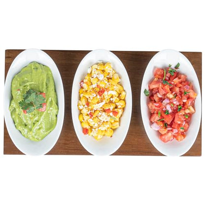 Restaurantware-9 Ounce Bowl Set with Tray - 1 Dishwashable Serving Set, Includes 3 Porcelain Bowls And 1 Bamboo Tray, Durable, White Porcelain And Bamboo Bowl And Platter Kit, Reusable, Freezable - size: Triple set, style: Ellipse
