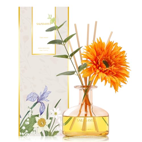 Reed Diffuser Set 7.10oz Grapefruit Scented Air Freshener for 120 Days | Grapefruit Bergamot Scent, Decorative Flower and Sticks, Long Lasting Home Fragrance, Air Freshener for Shelf, Bedroom Decor - color: Grapefruit
