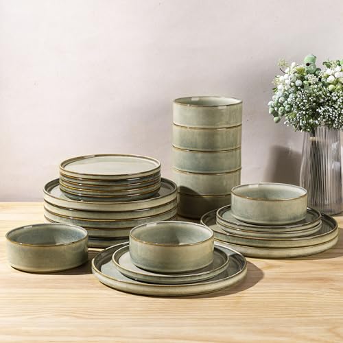 AmorArc Ceramic Dinnerware Sets for 8,24 Piece Plates and Bowls Sets Dishes | Stoneware Handmade Reactive Glaze Dishes Set | Highly Chip and Crack Resistant | Dishwasher & Microwave Safe - color: Reactive Glaze, size: Service for 8