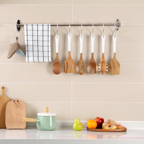 Wooden Spoons For Cooking, 6 Pieces Natural Acacia Wooden Cooking Utensils or Non-Stick Wood Kitchen Utensil Set for Kitchen Essentials, Wooden Cooking Utensils Set with Hanging Hole, White - color: White