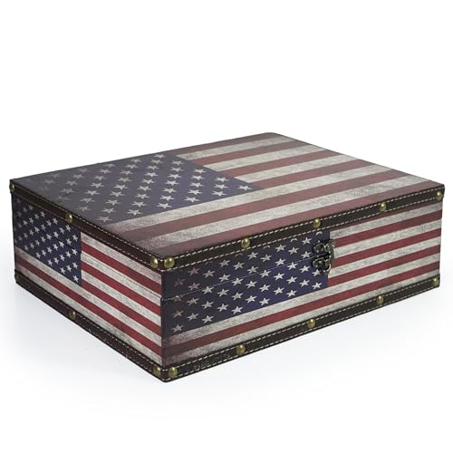 DreamsEden Large Vintage American Flag Storage Box - Patriotic Wooden Keepsake Chest Decorative Memory Trunk Gifts Home Decor - color: Vintage American Flag