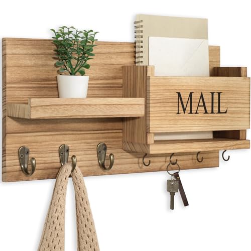 Lwenki Mail Organizer for Wall Mount – Key Holder with Shelf Includes Letter Holder and Hooks for Hallway Farmhouse Decor – Rustic Wood with Flush Mounting Hardware (16.5” x 9.1” x 3.4”) (Wood) - color: Wood